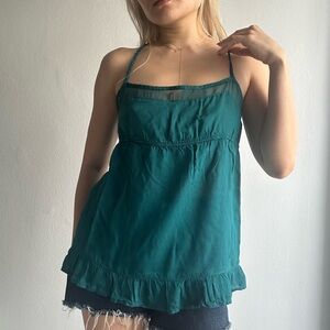 Bershka Y2K Babydoll Square Neck Cross Back Top w/ Ruffle Trim in Peacock Green